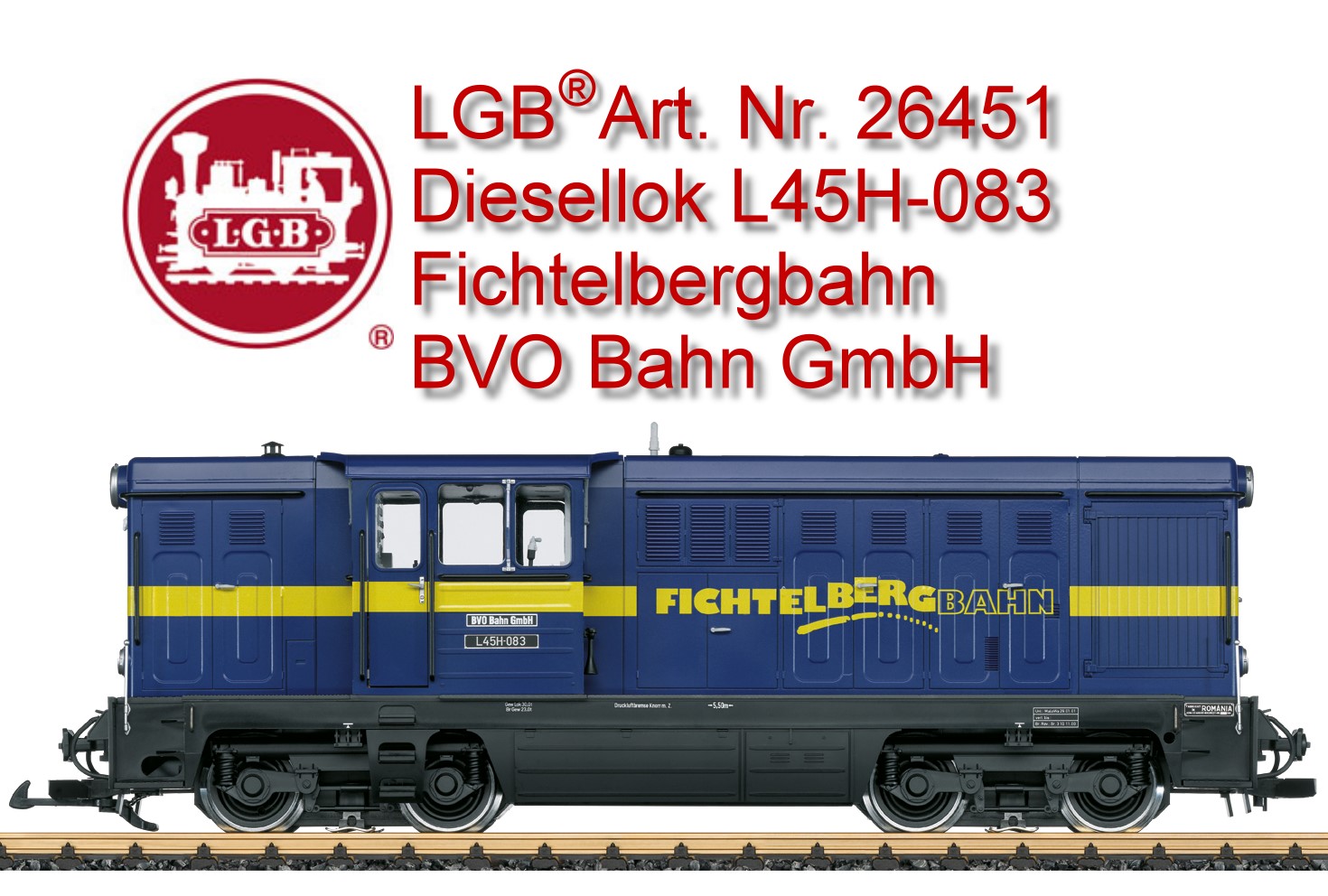 LGB Art. Nr. 20325 - Modell der Diesellok der Baureihe V 10C mit der Betriebsnummer 199 008-4. Originalgetreue Farbgebung und Beschriftung der Epoche VI, wie die Maschine aktuell in Betrieb ist. Alle Radsätze mit einem leistungsstarken Bühler-Motor angetrieben, Haftreifen. Ausgerüstet mit einem mfx/DCC-Sounddecoder mit vielen Licht- und Soundfunktionen. Führerstandstüren zum Öffnen. Länge über Puffer 29 cm.