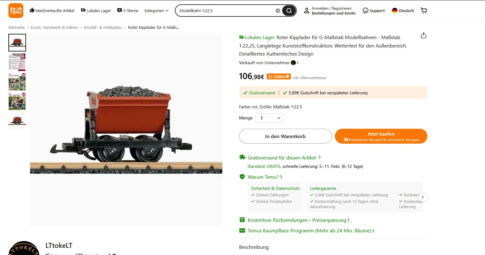 Bei einem H�ndler auf der TEMU Plattform kostet die rote Kipplore von LGB - Art. Nr. 42430 das 2,67 fache vom UVP! 