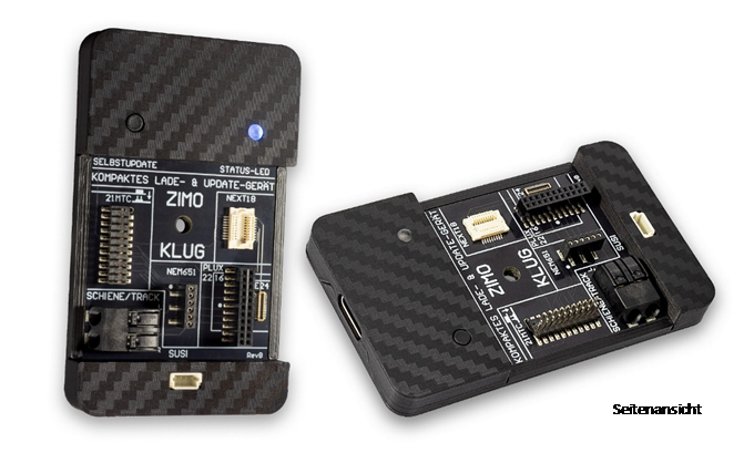 Das preisgnstige und kompakte Gert (68 x 43 x 7,5 mm) ermglicht das Software-Update von ZIMO Decodern sowie das Laden von Sound-Projekten in ZIMO Decoder, aktuell fr die neuere Generation, also MS-, MN- und FS-Decoder, spter mglicherweise auch fr MX-Decoder. Im Falle des Sound-Ladens kann der Vorgang wahlweise ber die Schiene erfolgen (also ohne ffnen der Lok) oder ber SUSI (ca. 1/10 der Ladezeit im Vergleich zur Schiene, also nur wenige Minuten), wobei der Decoder an einer der Schnittstellen am KLUG selbst (PluX, MTC, Next, E24, NEM651) angesteckt wird oder an einer zustzlichen Test- und Anschlussplatine der schon bekannten MSTAP... Serie.