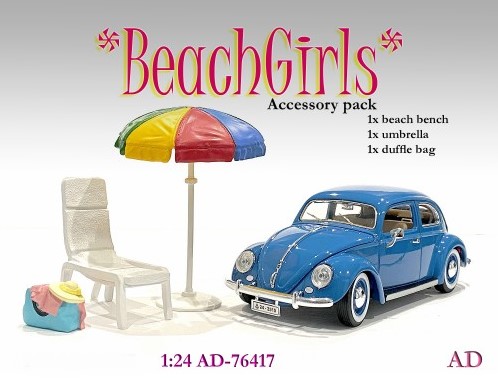 Zubehr Strand, Zubehr fr die Beach Girls, Sonnenliege, Sonnenschirm, bunter Sonnenschirm, Tasche mit Kleid und Hut, American Diorama, Art. Nr. 76417, 