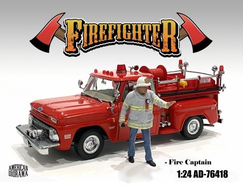 US-Feuerwerhrmann - Art. Nr. 76418 - Fire Captain - In feuerfester grauer Jacke mit gelben Streifen gibt der Feuerwehrkommandant Anweisungen an sein Team. Helm und Lampe an der Jacke gehren zur Ausstattung. 