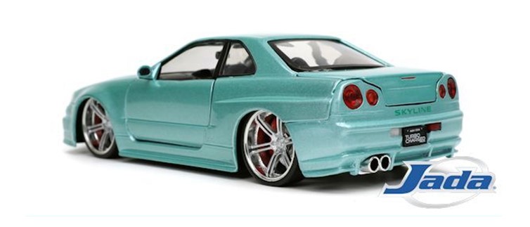 Unter der Artikelnummer 32608 kommt von Jada  der mintgrne Nissan Skyline GT-R (BNR34)  aus der Serie FAST & FURIOUS auf den Markt. Diesmal ohne Heckflgel und in der auergewhnlichen Farbe. Den Wagen gibt es in silber-blau mit Heckflgel unter GT-R (R34) bereits im Handel. 