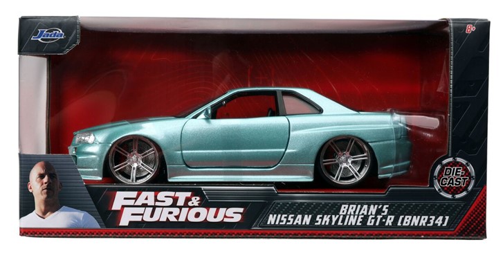 Unter der Artikelnummer 32608 kommt von Jada  der mintgrne Nissan Skyline GT-R (BNR34)  aus der Serie FAST & FURIOUS auf den Markt. Diesmal ohne Heckflgel und in der auergewhnlichen Farbe. Den Wagen gibt es in silber-blau mit Heckflgel unter GT-R (R34) bereits im Handel. 