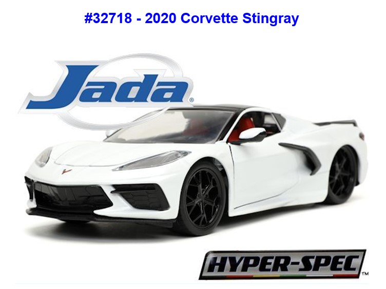 Unter der Artikelnummer 32718 kommt von Jada  die weie Corvette Stingray aus dem Jahre 2020 aus der HYPER-SPECTM Serie. Produktionszeitraum ist seit Mrz 2020. Der Supersportwagen ist derzeit nur in den USA zu bekommen. Viele Highlights sind hier beim "Teufelsrochen" verbaut. Der Sauger Motor katapultiert das Fahrzeug innerhalb von drei Sekunden von 0 auf 100 km. Limit: 312 km/h. Reicht auch fr deutsche Straen mit den runden Schildern mit rotem Rand und den Zahlen der Geschwindigkeit drauf. 