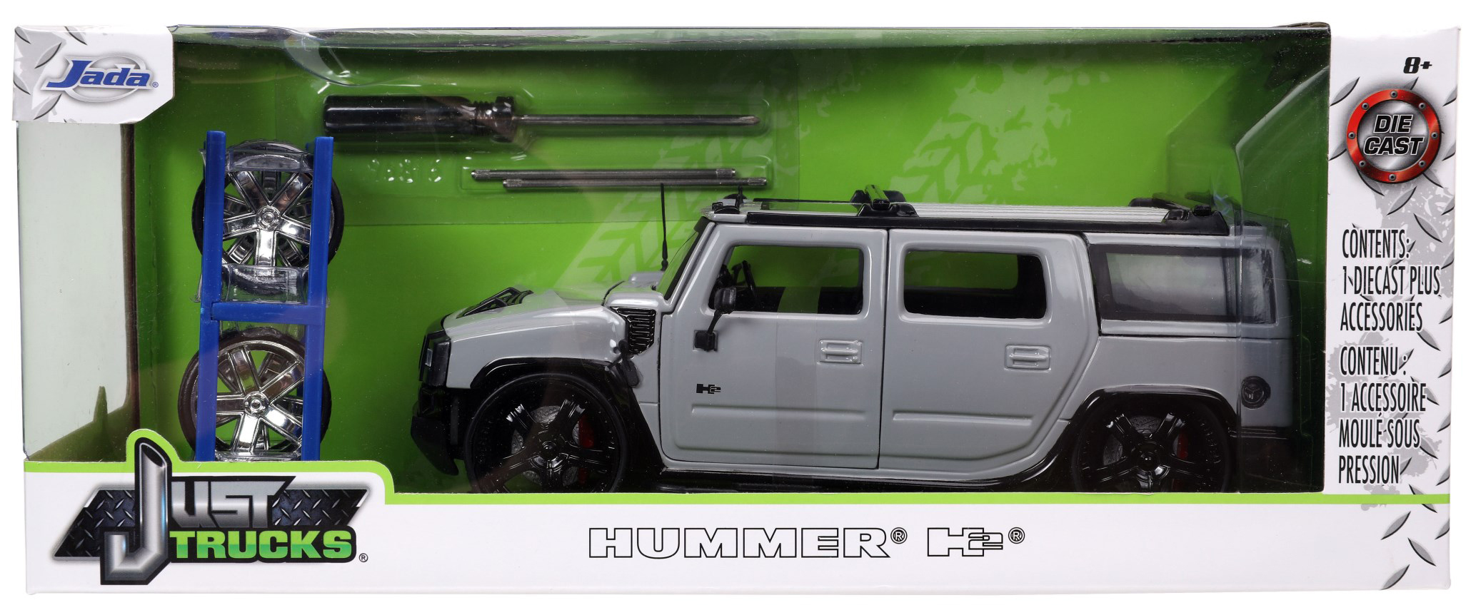 Modell eines zivilen Hummer H2 in grau mit schwarzer Front und Anbauteilen. Auch bei diesem Modell sind Ersatzfelgen in Chromoptik sowie das Felgenregal enthalten. auch der Schraubendreher gehrt zur Ausstattung. 