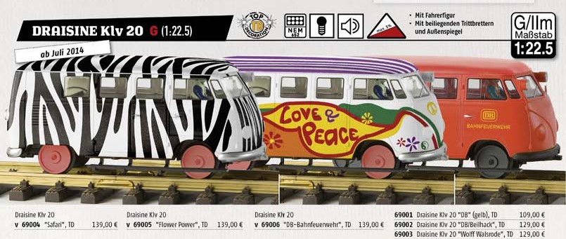 BREKINA Draisine Klv 20 fr die Gartenbahn (Spur G) -Art.Nr. 69004 "SAFARI", Art.Nr. 69005 "Love&Peace" - "Flower Power", Art.Nr. 69006 "DB-Bahnfeuerwehr" - Neuheit 2014 von BREKINA Modellspielwaren GmbH