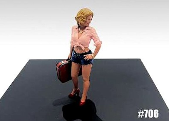 American Diorama - Art. Nr. 24706, Abigail mit Koffer, Lachsfarbige Bluse, kurz gebunden mit Knoten, kurze Jeans und rote Schuhe. In der rechten Hand eine Koffer und den linken Arm an die Hfte gelegt. Blonde Haare. 