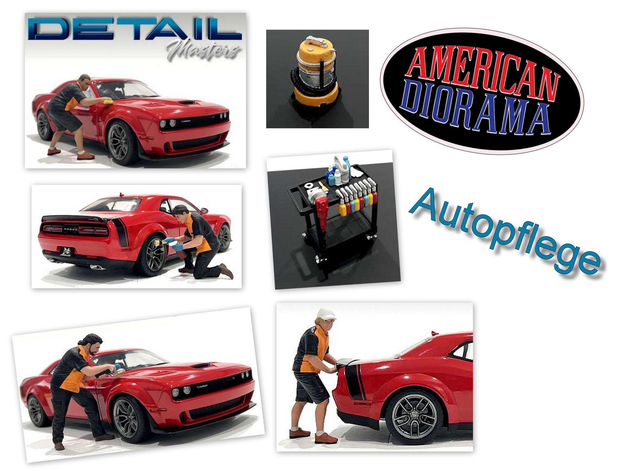 Autoaufbereitung" - Autopflege ist das neue Thema der Figuren von American Diorama. Auch ein Werkstattwagen ist dabei. Vorgestellt im November 2023. 