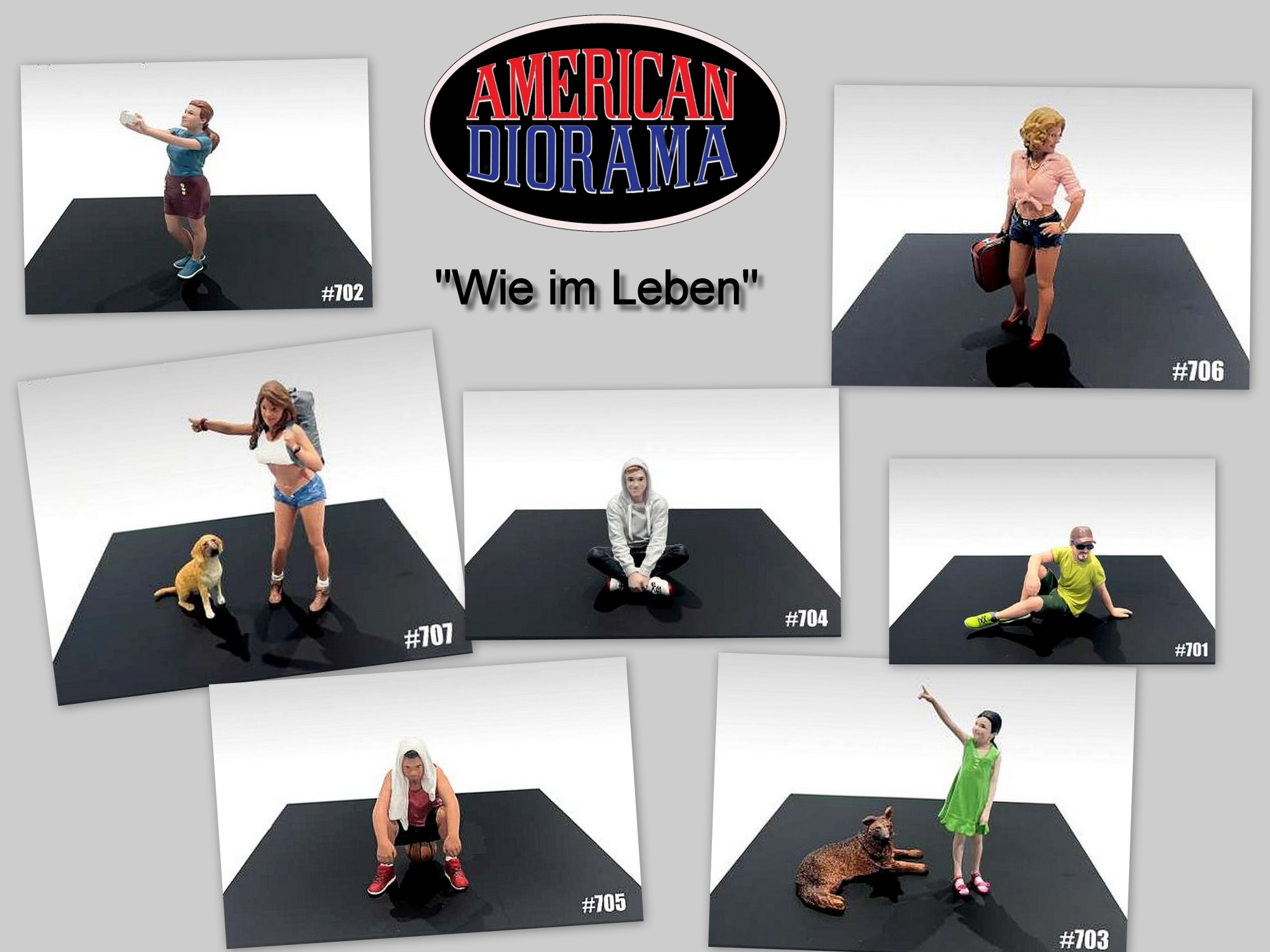 "Wie im Leben"  ist ein neues Thema der Figuren von American Diorama. Tramperin mit Hund, Abigail, Joel, Luca, Jayson, ein Kind mit Hund und eine junge Dame die ein Selfie macht! 