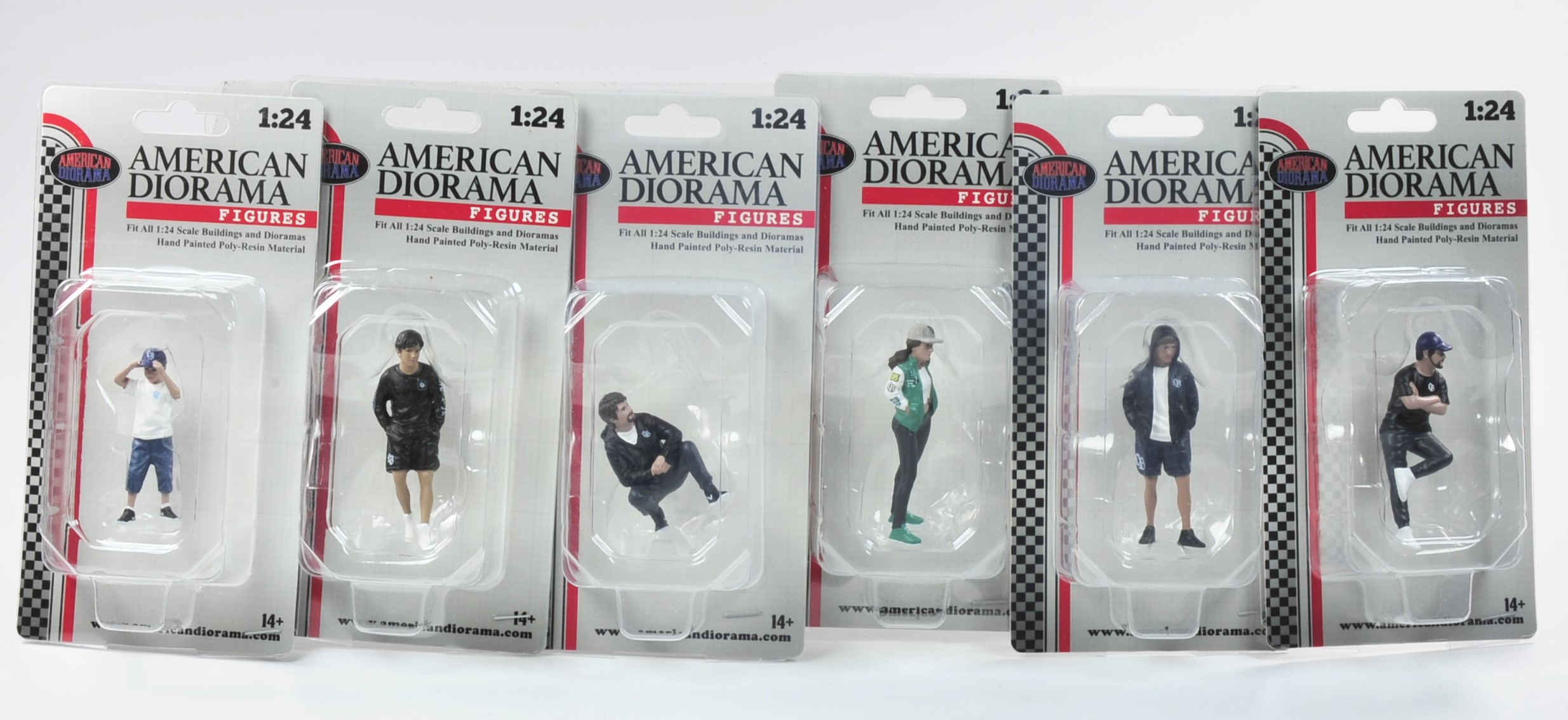 So werden die sechs Figuren aus der Serie LB Nation von American Diorama über FGB Berlin geliefert.