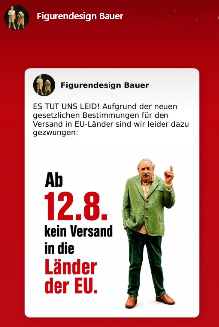 Danke an Volker Bauer für die Nachricht zur neuen EU Verordnung für Kleinunternehmen zum Versand in die EU Länder. Schade, ist so.