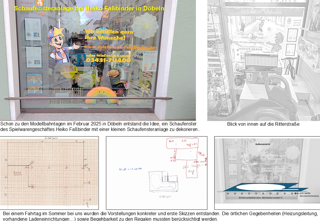 Die Planung der Schaufensteranlge im Spielwarengesch�ft von Heiko Fa�binder begann bereits im Februar 2025. Das Schaufenster wurde von au�en und innen fotografiert und Skizzen dazu entworfen. 