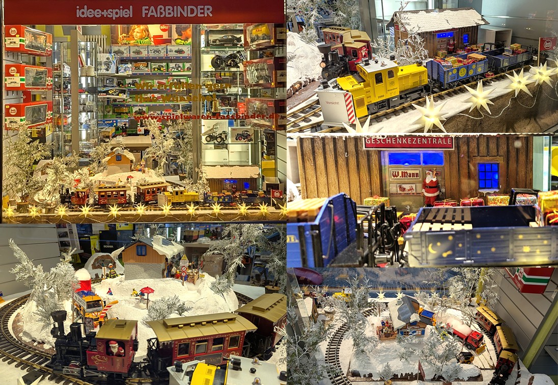 Fertig. Nun k�nnen die Besucher sich an der Anlage in D�beln satt sehen. Beim Idee&spiel Gesch�ft Fassbinder sind neben der Weihnachtsstainz mit dem Personenzug noch weitere LGB Fahrzeuge zu sehen. Geschm�ckt mit kleinen Herrnhuter Sternen sieht das Schaufenster toll aus. 