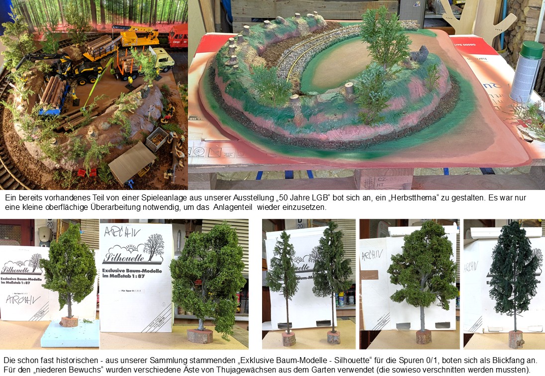Das vorhandene Teil der Spieleanlage aus der Ausstellung "50 Jahre LGB" der Familie Franke konnte genutzt werden. Eine Umgestaltung zum "Herbsthema" war einfach und schnell ausgef�hrt. "Exklusive Baum-Modelle von Silhouette" f�r die Spuren 0/1 boten sich als Blickfang an. �ste aus Thujagew�chsen wurden als niedriger Bewuchs eingsetzt. 