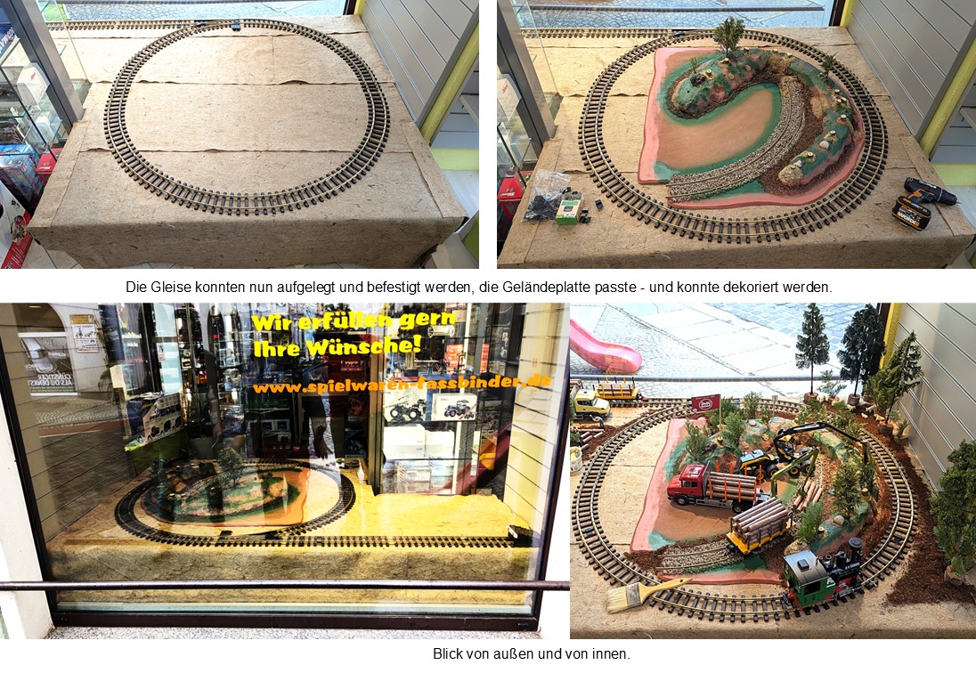 Gleise und Weichen wurden aufgelegt und befestigt. Mit der Dekoration der Gel�ndeplatte wurde begonnen.  Erste Probefahrten fanden statt. 