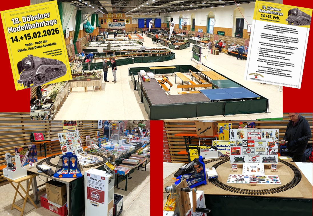 Bildbericht �ber die 18. D�belner Modellbahntage - Nicht nur Kinder �belagerten� unseren Stand und uns, sondern auch viele Fans � nicht nur der Gartenbahn. Ich hatte ja mein Poster f�r die �Lehmann- Historie� in die Mitte gestellt (Bild rechts unten) und f�r Interessierte das Manuskript (im Moment bis 2005 als Entwurf) vorgestellt. Das Interesse war unglaublich und dadurch hatte Hannelore mehr zu tun, als geplant.