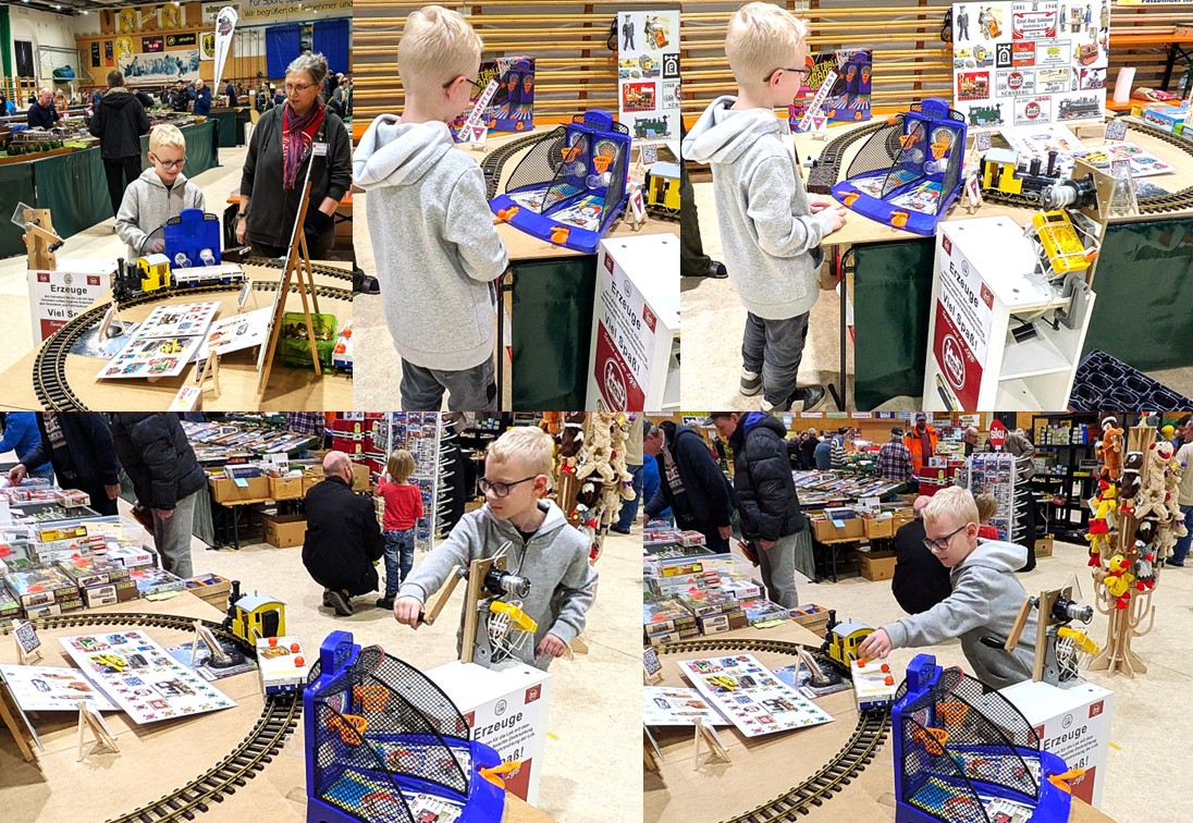 Unser Spielkreis mit modifiziertem �Basketballspiel�: wenn die B�lle in den Korb treffen, fallen diese in ein Plexiglasrohr und rollen nach hinten durch - und fallen in den Wagen. Mit dem �Kurbelgenerator� f�hrt der Gewinner eine Ehrenrunde und hinter dem Poster kommt der Preis, eine kleine T�te Gummib�rchen, als �berraschung in den Wagen. Das Schnipsen mit dem Ball hat offensichtlich viel Freude gemacht. Das Spiel gab es im November im ACTION- Markt f�r unter 10�. Kleine Modifizierung habe ich vorgenommen. Plexiglasrohre wurden eingebaut � und ich war erst skeptisch, ob es angenommen wird � - das war aber unbegr�ndet!