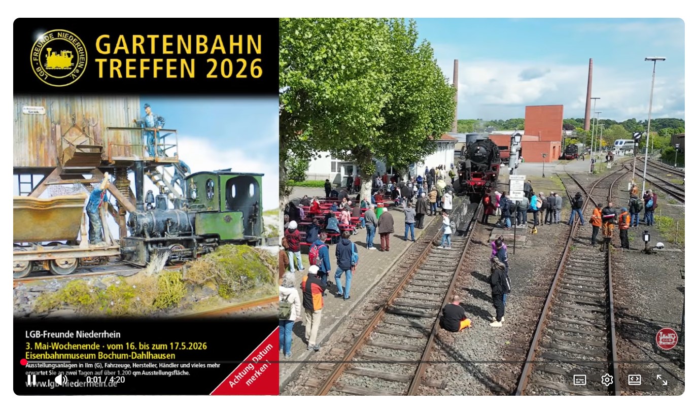 Zum fünften Mal fand am 16. und 17. Mai 2026 das große Gartenbahntreffen auf dem Gelände des Eisenbahnmuseums Bochum Dahlhausen statt. Viele Ausstellungsanlagen in der Größe IIm (G) und Spur II waren vor Ort zu bestaunen. Händler hatten ihre Produkte rund um das Thema Gartenbahn dabei und Hersteller zeigten ihre neuen Produkte und standen mit Rat und Tat zur Seite. Auch LGB war mit dem Neuheitenprogramm vor Ort!