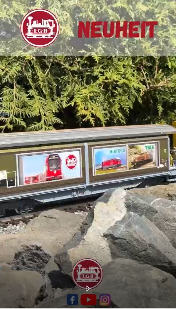 Kurzvideo zur Neuheit von LGB 2025: Haik-v 5130 - LGB Art. Nr. 48576 - Schiebewandwagen mit Eigenwerbung von LGB, Märklin und Trix.