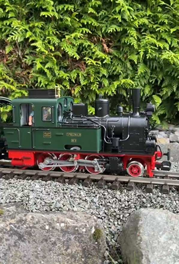 LGB Zug mit Spreewald, Personenwagen, Fakultaivwagen, offenen Güterwagen und Museumswagen 2026, wie er bei einer Fotoveranstaltung 60 Jahre DEV zu sehen war: