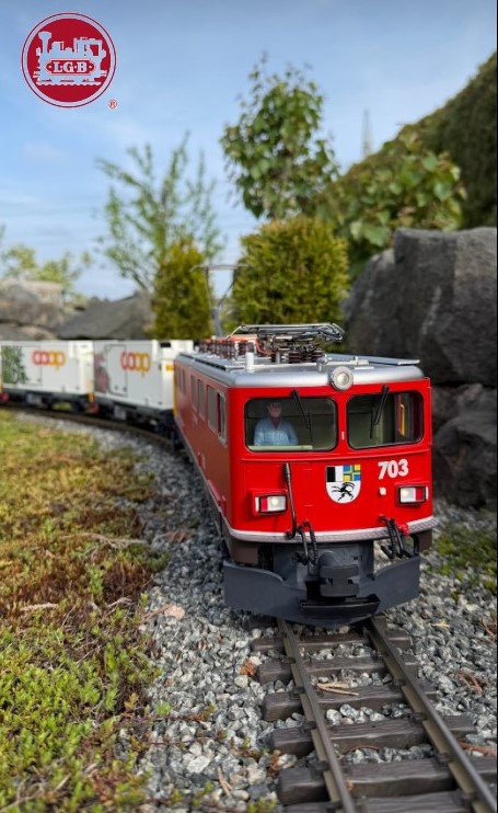 Hier das Hintergrundbild mit dem Modell Spur G - Art.Nr. 22064 Elektrolokomotive Ge 6/6 II der RhB mit den beiden Containerwagen aus der “coop®“ Serie: "Edellieschen" und "Schefflera". Art. Nr. 45885 - 2er Set.