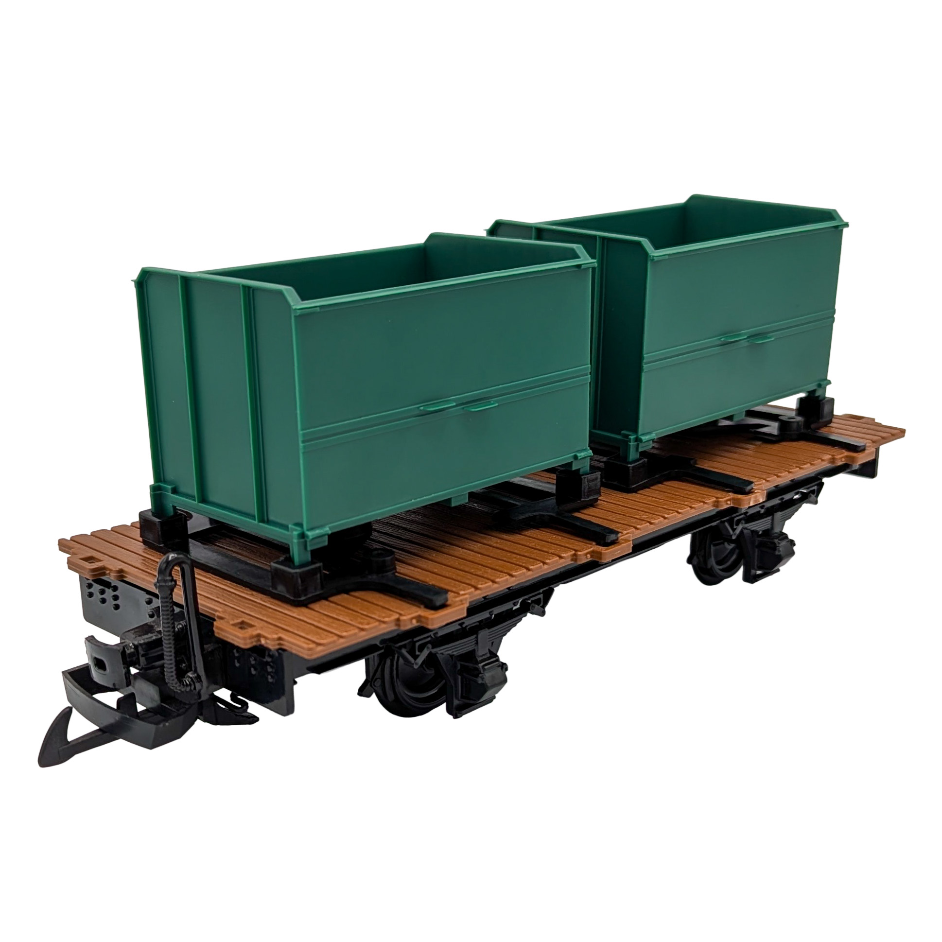 Flachwagen mit Doppelbeh�lter - Kehrrichtbeh�lter - in gr�n, wie diese auch bei der RhB vorkommen. 