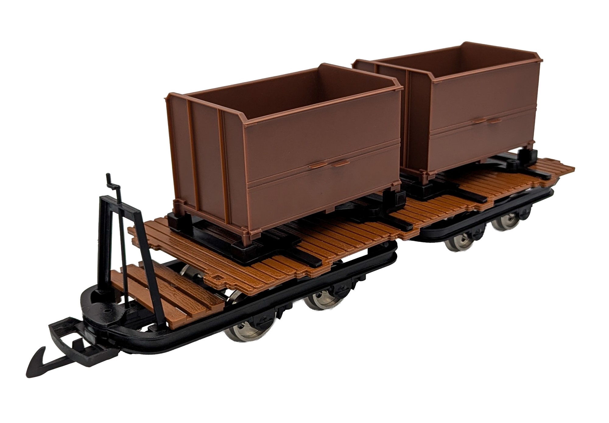 Art. Nr. 0180 - Feldbahntraegerwagen 4achsig mit zwei Metalllorenaufsaetzen braun, UVP 120 EUR