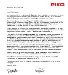 Originalbrief von PIKO fr die Absage der Teilnahme an  der Spielwarnmesse 2022. 