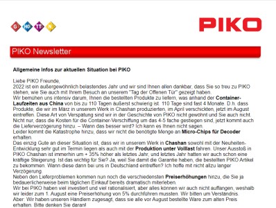 Newsletter von PIKO ber Vernderungen im G Bereich. 