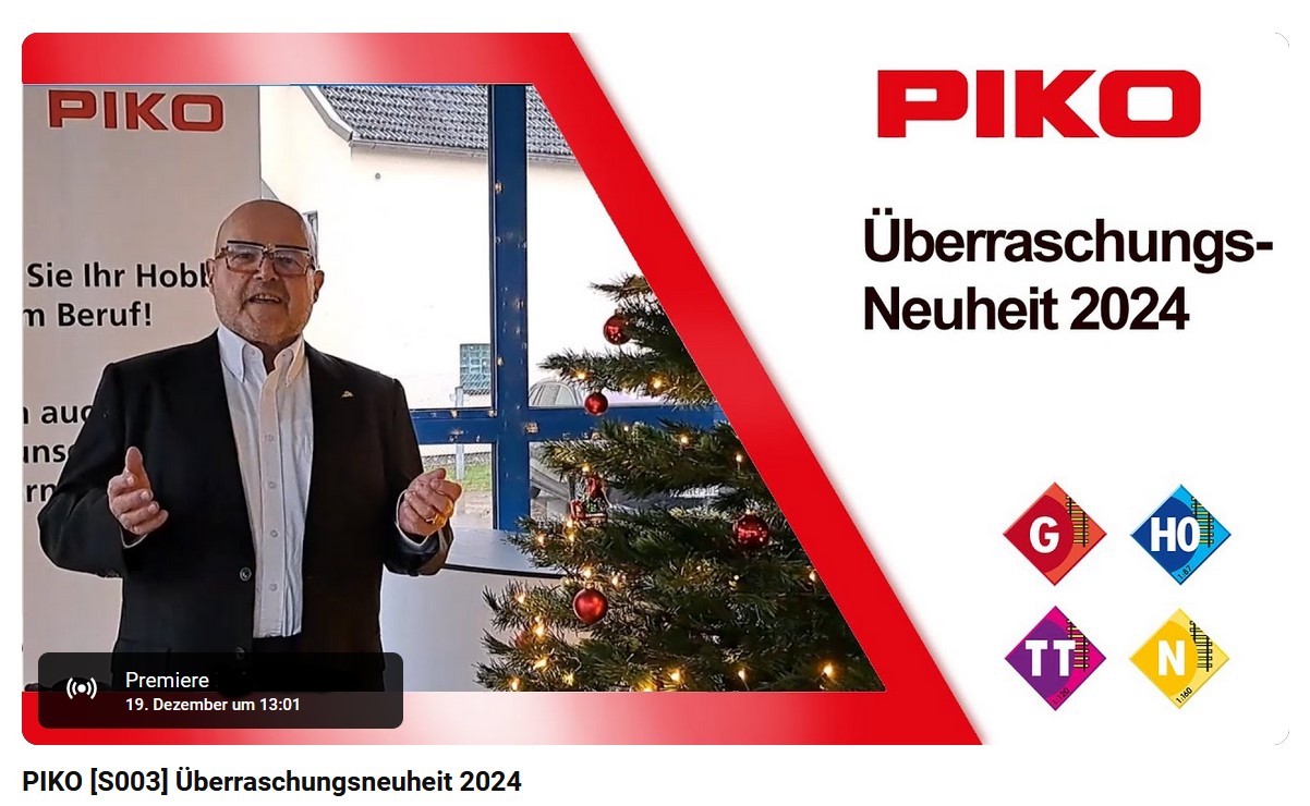 Da PIKO 2023 und 2024 nicht auf der Spielwarenmesse mit einem Stand prsent ist, wird nun auf dem YouTube Kanal von PIKO die berraschungs-Neuheit 2024 am 19.12.2024 prsentiert. Wir sind gespannt was hier prsentiert wird und lassen uns gerne berraschen.