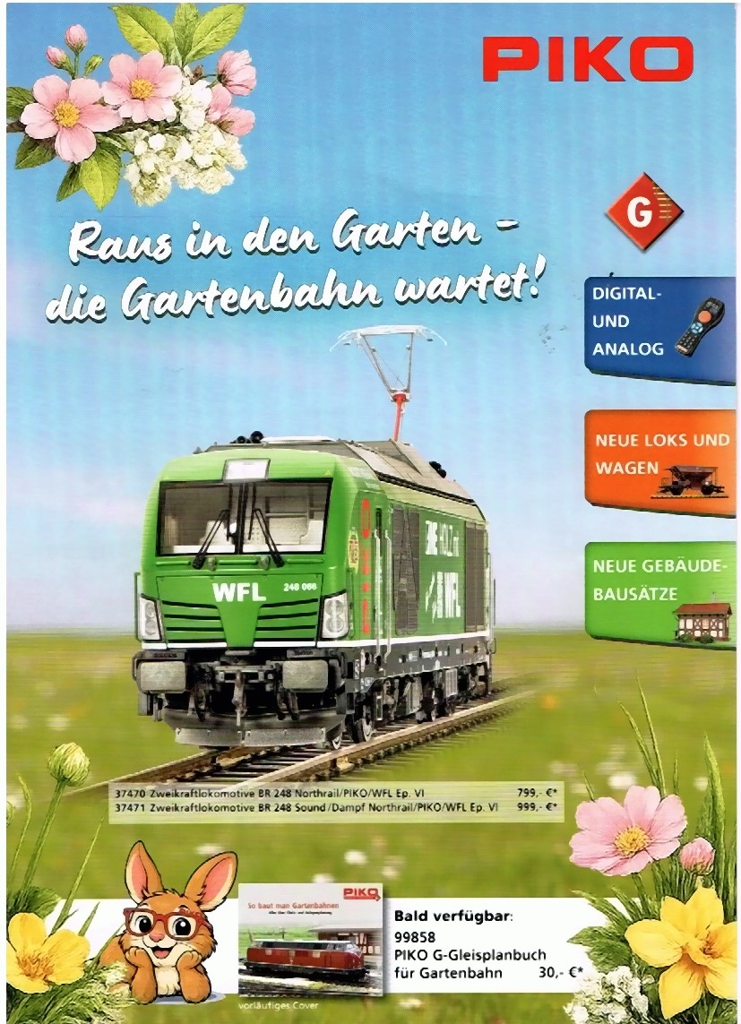 Mit diesem bunten Prospekt werden die Neuheiten im Bereich Digital, Loks, Wagen und Komplettsets sowie die Gebäudebausätze am Tag des Starts in die Gartenbahnsaison bei PIKO beworben und angeboten. .