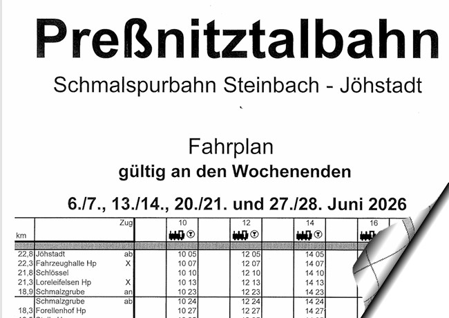 Für den Fahrplan an den genannten Wochenenden bei der Preßnitztalbahn bitte auf das Bild klicken und das pdf downloaden. Öffnet in neuem Fenster!