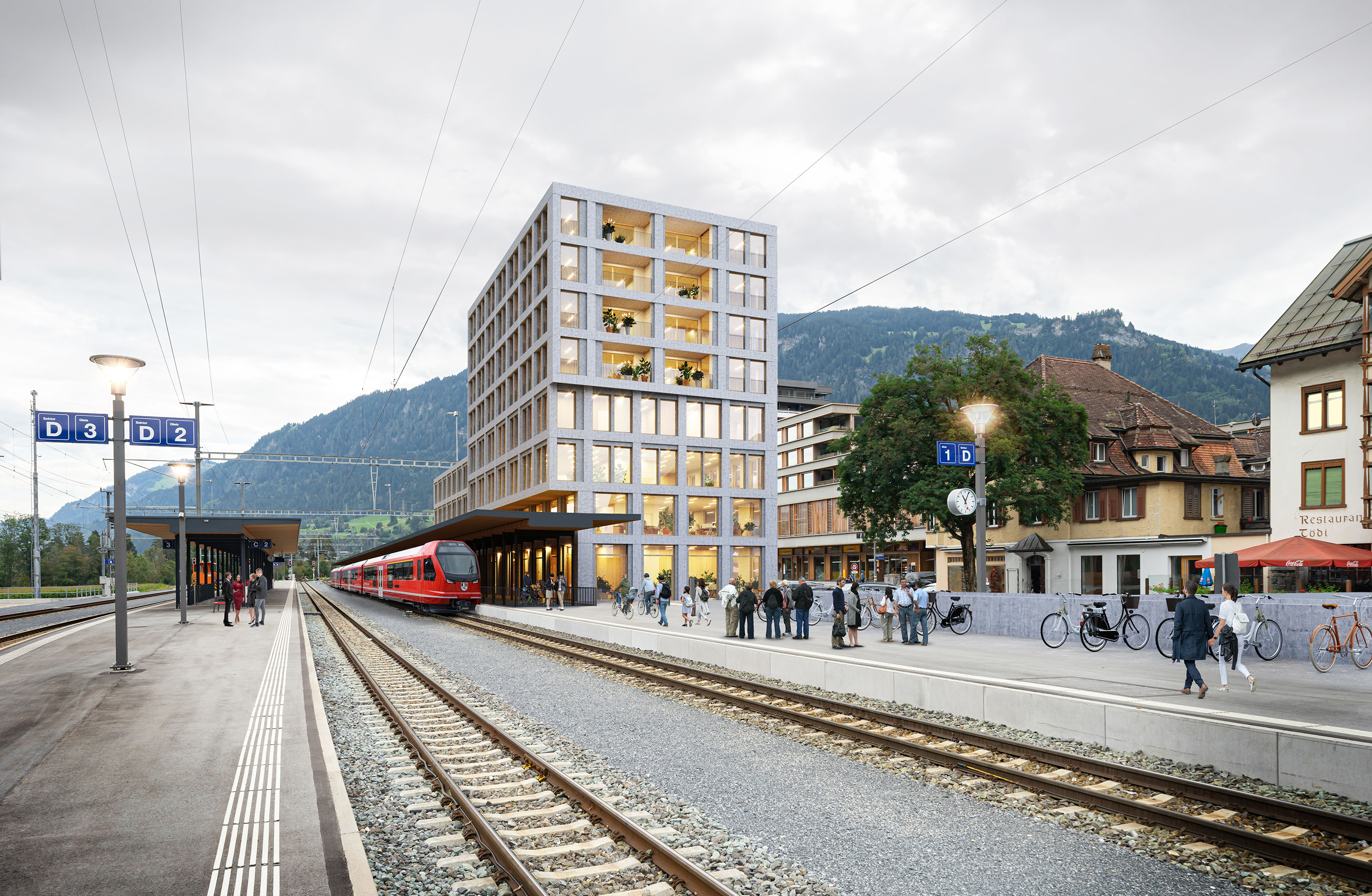 Illustration mit Capricon - Bahnhofsvorplatz - Gleis 1 - Foto: Bild der RhB 