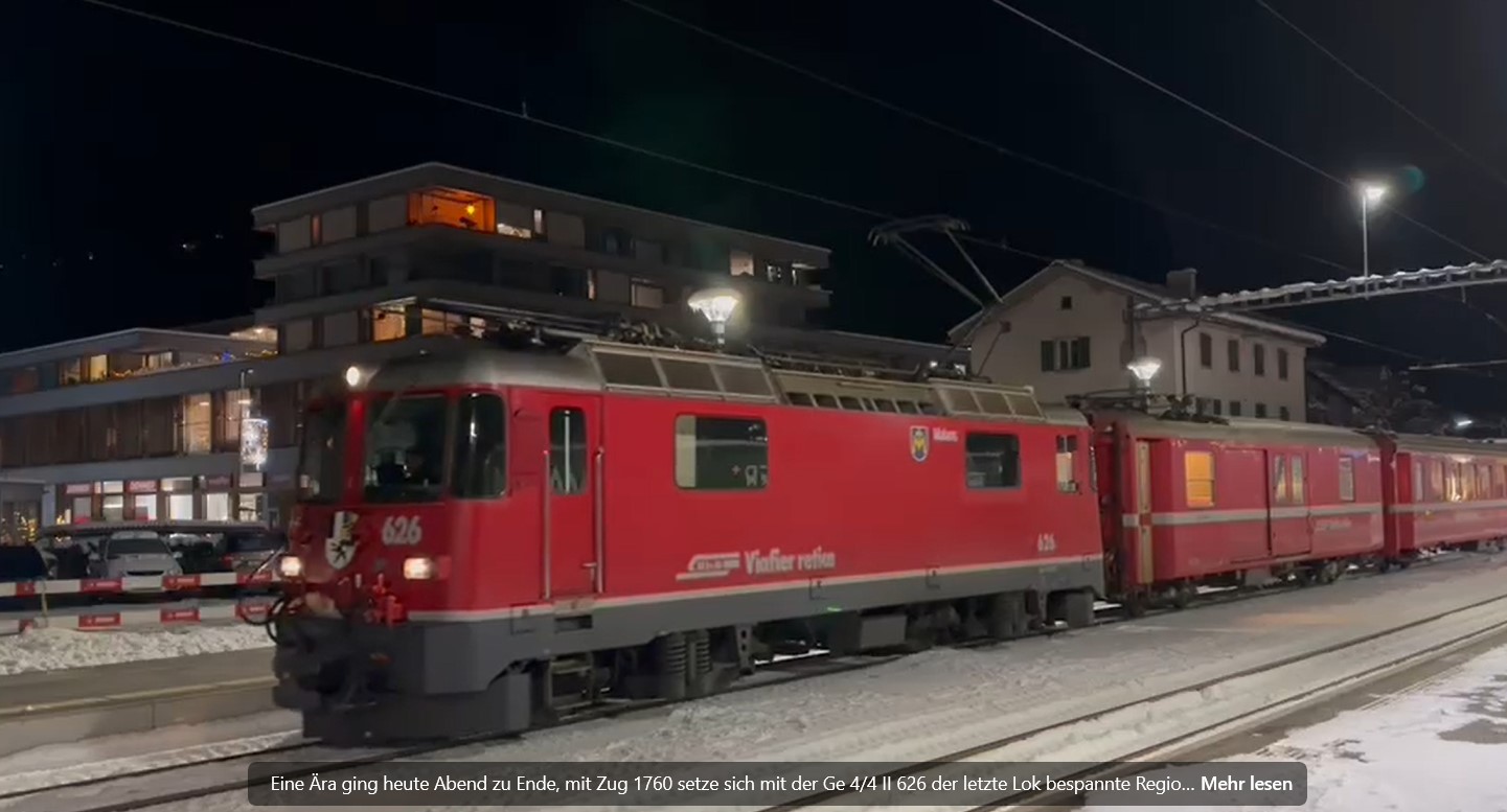 Eine ra ging heute Abend zu Ende. Mit Zug 1760 setzte sich der letzte Lok bespannte Regio ab Disentis nach Chur mit einer Ge 4/4 II 626 in Bewegung. Ein paar Eindrcke aus Ilanz. Ab morgen verkehren dann auch hier ausschlielich Capricorn Zge. Dieser Tage wurde brigens der 50. Triebzug Capricorn an die RhB abgeliefert. Doch langweilig wird es nicht..... das ist eine andere Geschichte. Mehr dazu kommende Woche. Ihr Hendrik Hauschild. 