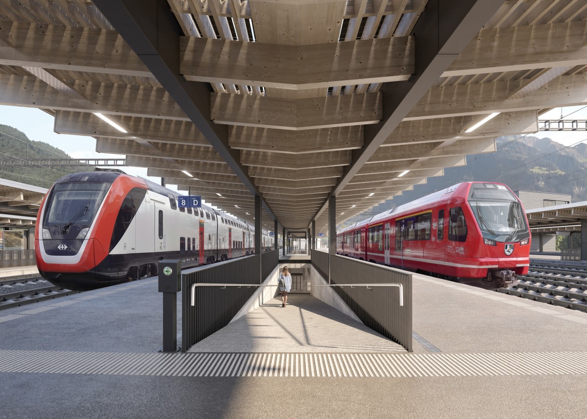 Die Perrons werden mit neuen einheitlichen D�chern ausgestattet, auf denen transluzente Photovoltaik-Anlagen installiert werden. Die neuen Installationen schaffen eine angenehme, helle Atmosph�re auf den Perrons und leisten gleichzeitig durch die grosse Fl�che einen relevanten Beitrag zur nachhaltigen Stromproduktion. Die neuen Perrons werden mit einer breiten und hellen Personenunterf�hrung verbunden. F�r den G�terverkehr werden bei beiden Bahnen Annahme- und Zirkulationsgleise erweitert. Damit die neuen Gleise sicher bedient werden k�nnen, wird zudem in einem ersten Schritt am n�rdlichen Perronende ein neues gemeinsames Bahntechnikgeb�ude erstellt.