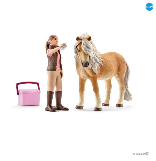 Schleich Artikelnummer: 41431, Durch regelmiges Striegeln hilft die Pferdepflegerin ihrem Islandpony im Frhjahr beim Fellwechsel. Sie entfernt die wrmende Unterwolle, die ihre Stute im frostigen Winter warm gehalten hat.