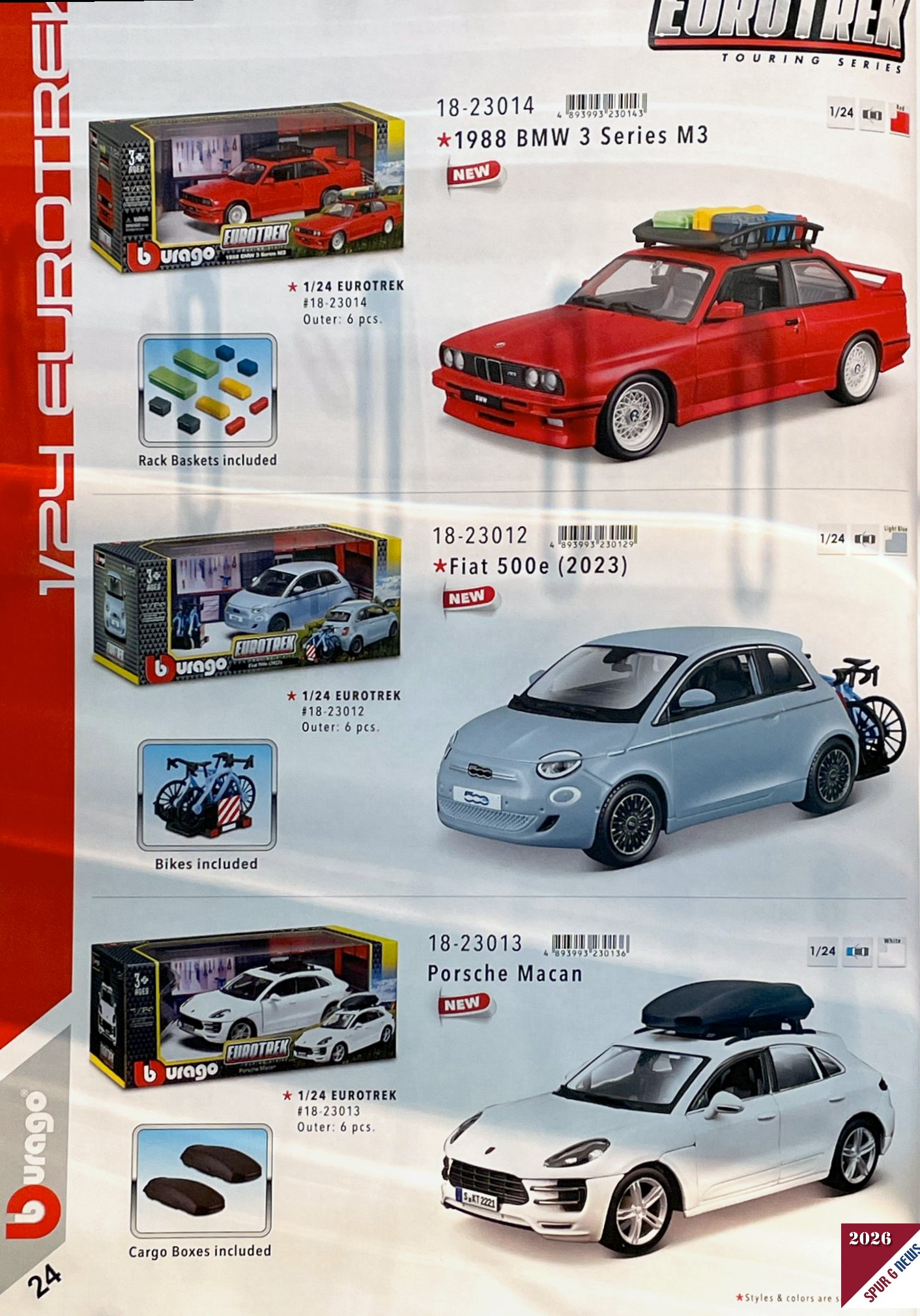 Auf der Seite 24 im Katalog ist unter EUROTREK - Touring Series Zubeh�r zu den Autos enthalten. Dachgep�cktr�ger mit Koffern, Fahrradtr�ger auf der Anh�ngerkupplung oder eine Dachbox weden zu den Autos mitgeliefert. Mir pers�nlich gef�llt der Fiat 500e mit dem Fahrradtr�ger und zwei Fahrr�dern. 