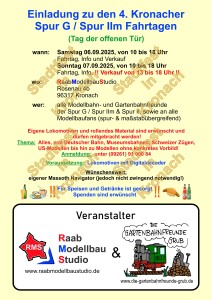 Einladung zu den 4. Kronacher Spur G / Spur IIm Fahrtagen (Tag der offenen Tr) am Samstag, 6. September 2025 und Sonntag, 7. September 2025, jeweils von 10-18 Uhr (am Sonntag Verkauf von 13 bis 18 Uhr. 