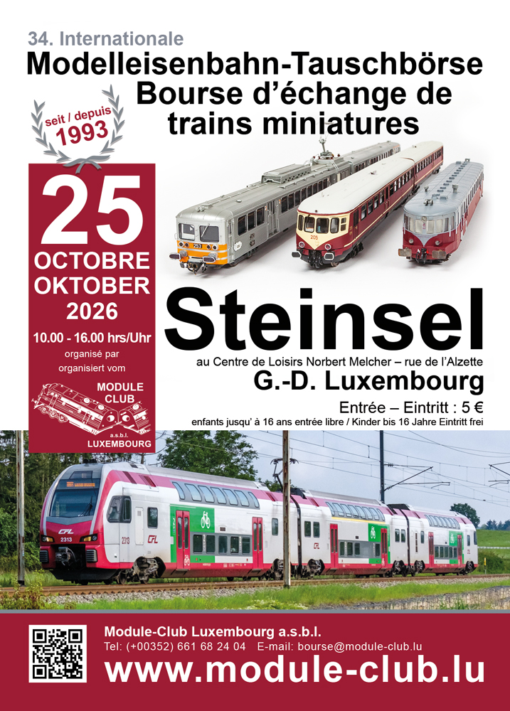 Modelleisenbahn Tauschb�rse am Sonntag, 25. Oktober 2026. Mehr Informationen bitte auf das Bild klicken. 