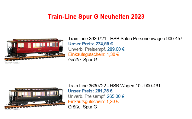 Die beiden HSB Wagen von Train Line, Art. Nr. 3630721 und 3630722 werden als Neuheiten mit dem Preis von bessere Preise.com angeboten. (Aufs Bild klicken und zum Angebot gelangen!) 