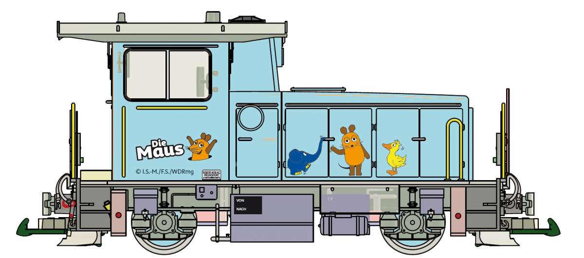 Wir vervollständigen den Mauszug. Unsere Maus-Lok mit den drei bekannten Charakteren Maus, Elefant und Ente kommen. Die Lok ist mit einem ZIMO Decoder ausgerüstet und Sound sowie Lichtfunktionen.
