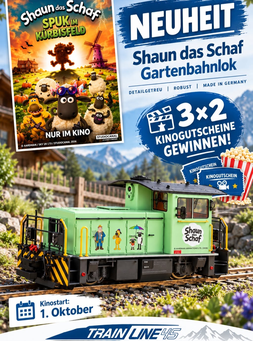 Am 1. Oktober 2026 ist der KINOstart vom Film Shaun das Schaf - Spuk im Krübisfeld. TRAINE LINE 45 verlost hier 3 x 2 Kinogutscheine. Aktion läuft bis 10.10.2026.