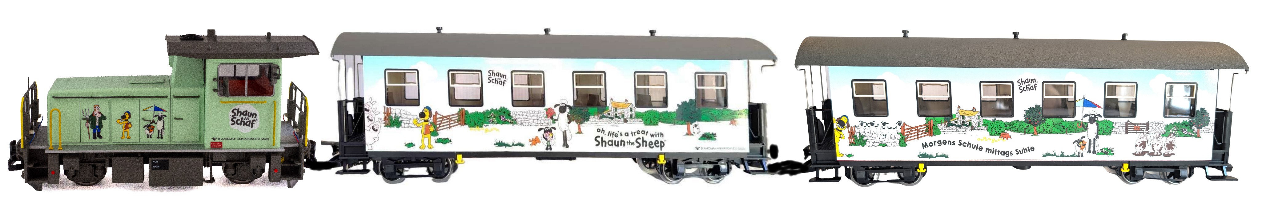 Artikelnummer 2050562 - Lok Shaun das Schaf, Personenwagen: 3230920 "oh life is a treat" und Personenwagen: 3230921 "morgens in die Schule - mittag in die Suhle".